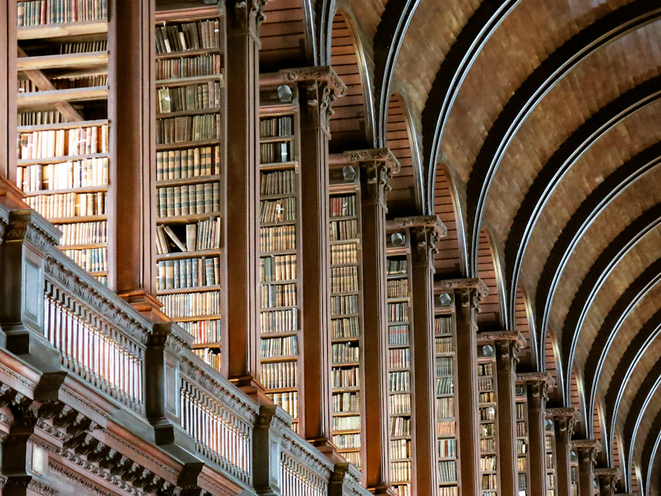 Old library with high ceilings and arched windows features tall bookshelves and natural light