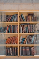 Custom wooden bookshelf with a mix of brown and dark blue accents.