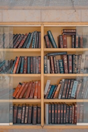 A wooden bookcase filled with various hardcover books, predominantly in shades of red, blue, and brown. The bookshelf has multiple shelves and glass doors, giving the appearance of an organized yet slightly aged collection.