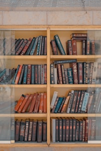 A wooden bookcase filled with various hardcover books, predominantly in shades of red, blue, and brown. The bookshelf has multiple shelves and glass doors, giving the appearance of an organized yet slightly aged collection.