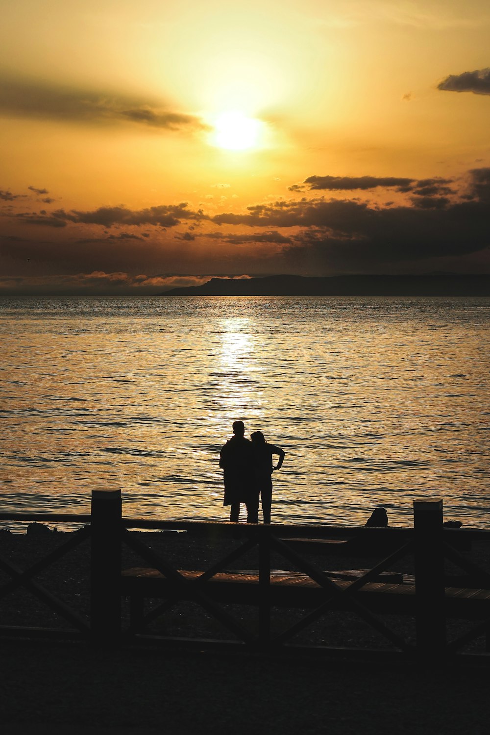 silhouette of couple standing near sea