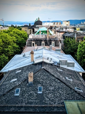 Drone view of a completed roofing project.