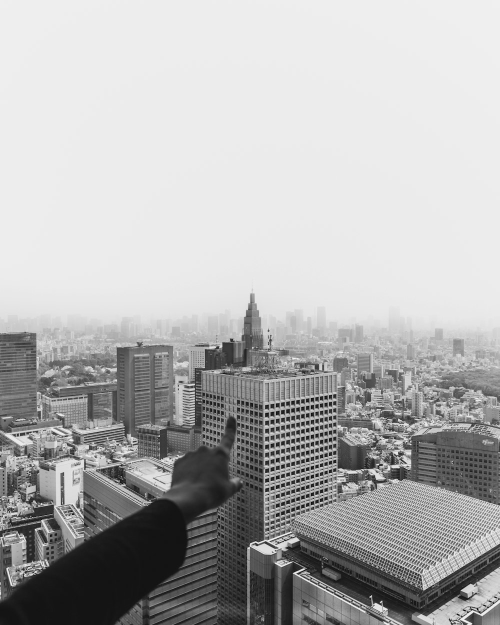 クライスラータワー、ニューヨークを指差す人のグレースケール写真