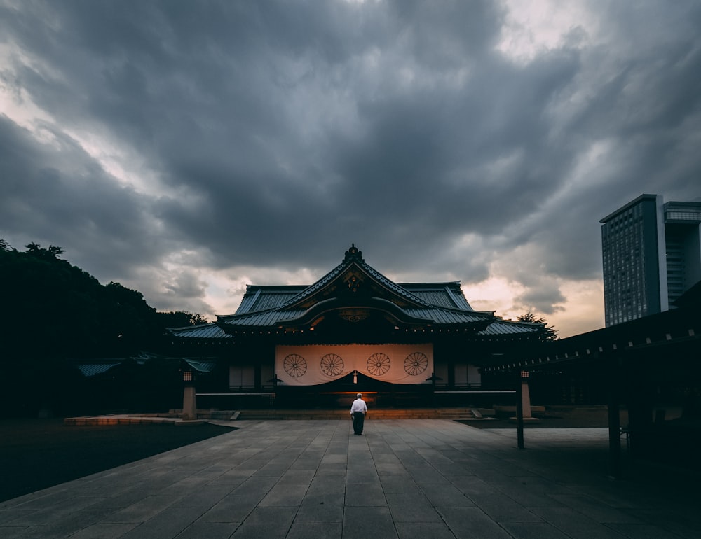 お寺の前に立つ人