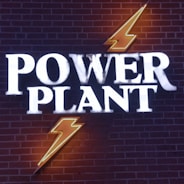 Neon signage on a brick wall displaying the words 'Power Plant' with two bolt symbols, one above and one below the text, illuminated in bright white and orange colors.