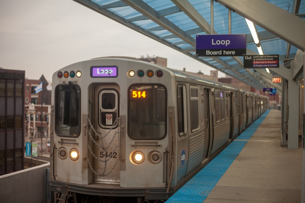 a silver train pulling into a train station