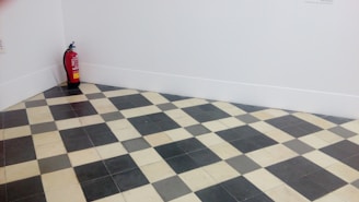 A room corner features a black and white checkered floor with a fire extinguisher placed against the white walls.
