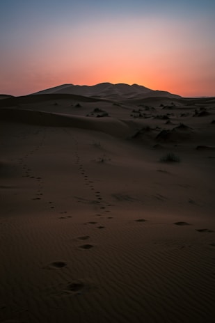 A golden desert dune at sunset with footprints leading into the distance under a glowing orange sky.