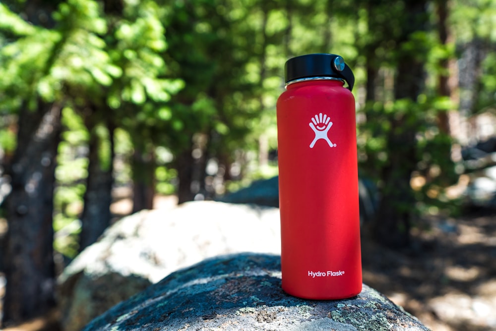 red and black plastic hydro flask on rock