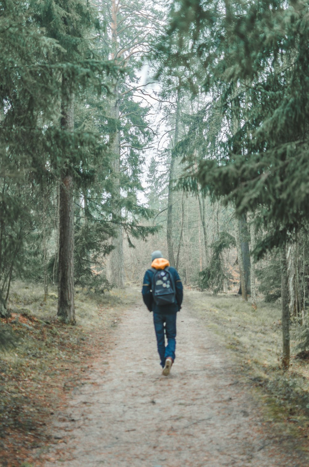 man waking narrow pathway near trees at daytime