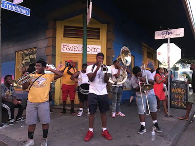 A vibrant brass band performing outdoors in a sunlit town square of Bahia.
