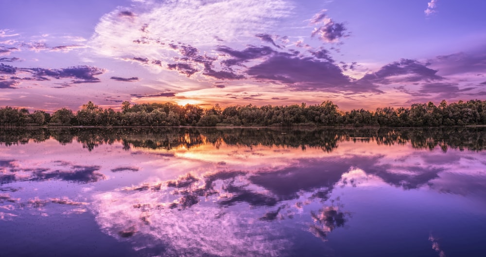 reflection of clouds and trees on body of water