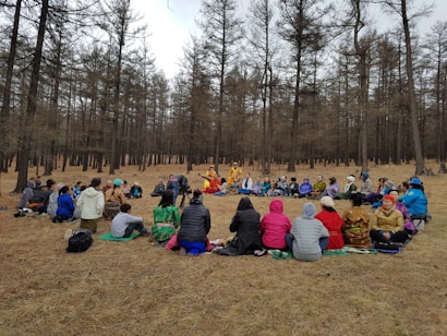 A large group of people is sitting in a circle on the ground in a forest clearing. The individuals are wearing colorful, casual clothing, and appear to be engaged in an outdoor gathering or activity. The background features numerous tall, leafless trees, suggesting a serene, natural environment.