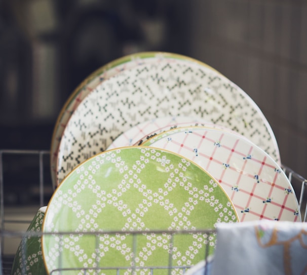 ceramic plates on rack