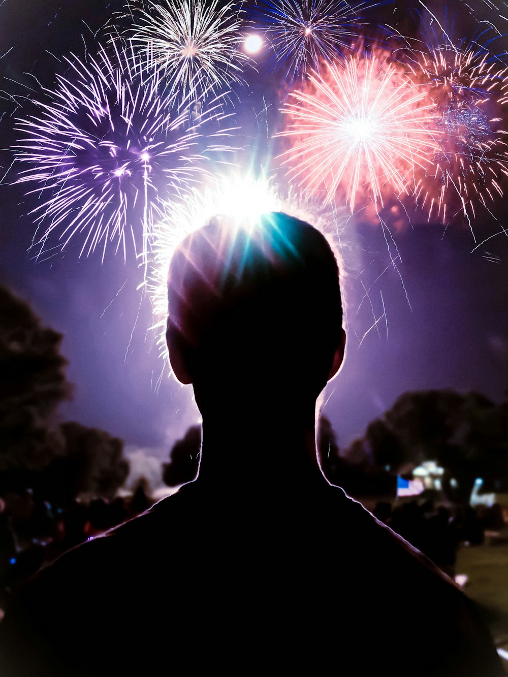 Persona mirando el espectáculo de fuegos artificiales