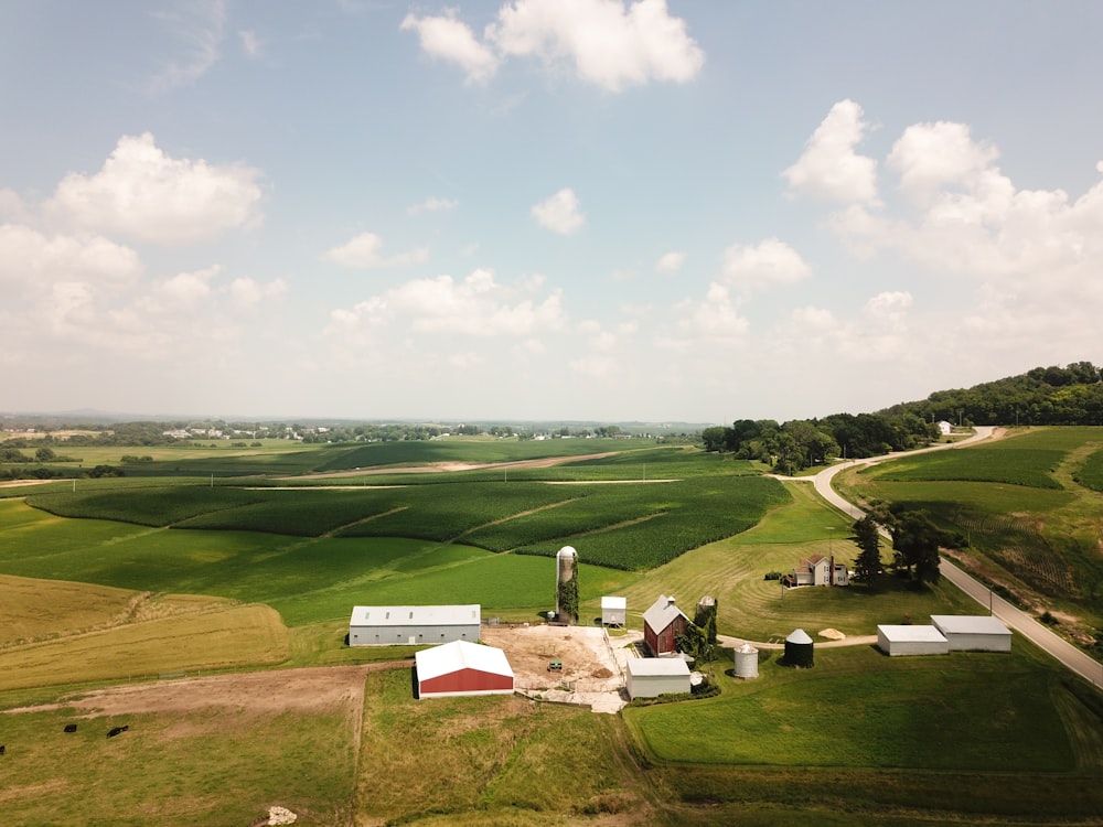 fotografia de vista aérea de casa branca e marrom cercada por campo de grama verde