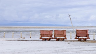 Three rusty mining carts are positioned on a narrow track across a vast, flat, salt-laden landscape. The ground is predominantly white with patches of water and salt formations. A solitary, leaning power pole is nearby, and the horizon features distant blue mountains under a cloudy sky.