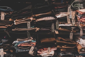 Industrial warehouse storing unused fabric bolts awaiting resale