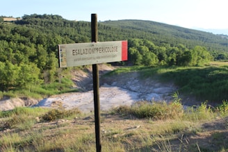 A warning sign is prominently displayed in the foreground, reading 'ESALAZIONI PERICOLOSE' which translates to 'Dangerous Fumes'. This is set against a backdrop of lush green forested hills and a clear sky, with some dry stream or riverbeds meandering through the landscape.