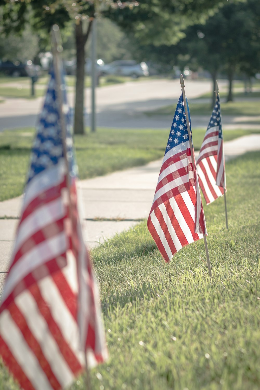 three USA flag on grass near trees at daytime