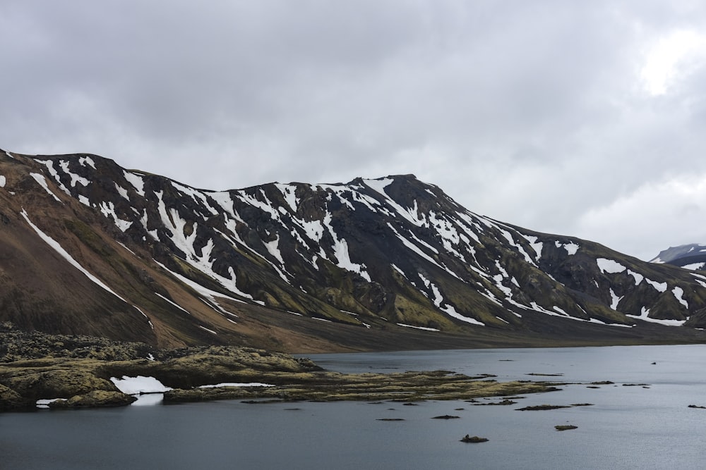 snow capped mountain near body of water