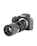 A professional digital camera with a large lens attached, featuring a sleek black body and various adjustment dials. The brand logo is visible on the upper part of the camera.