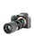 A professional digital camera with a large lens attached, featuring a sleek black body and various adjustment dials. The brand logo is visible on the upper part of the camera.