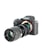 A professional digital camera with a large lens attached, featuring a sleek black body and various adjustment dials. The brand logo is visible on the upper part of the camera.