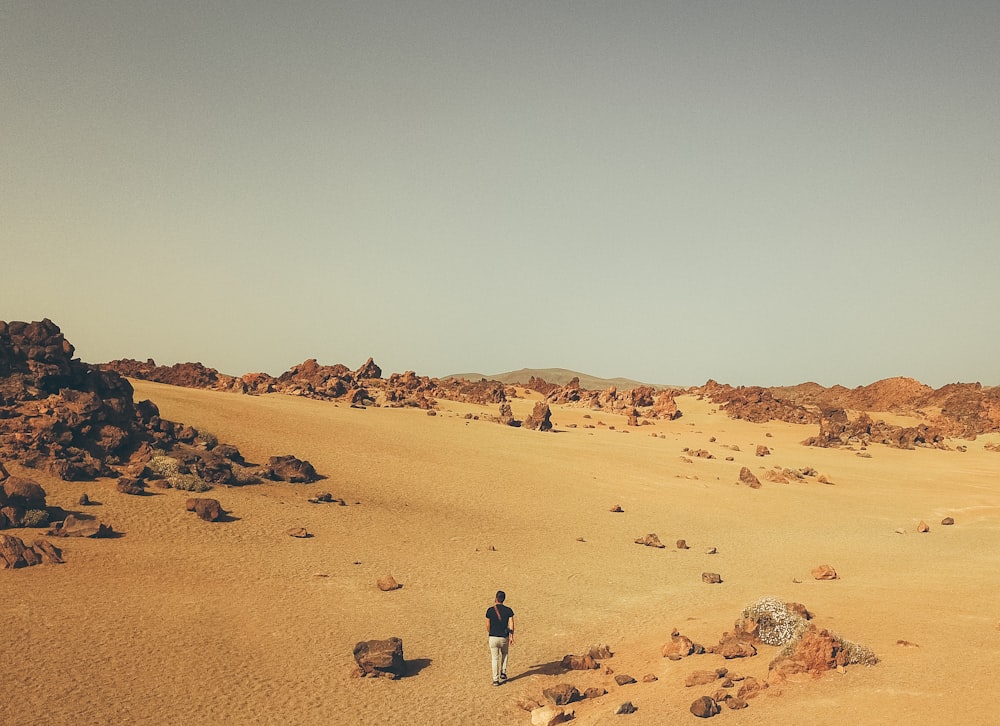 person walking on dirt and near boulders