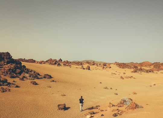 person walking on dirt and near boulders in Teide National Park Spain