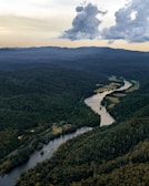 An aerial drone shot capturing a winding river surrounded by dense trees.