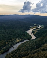 Close-up aerial shot of a winding river surrounded by dense forest.