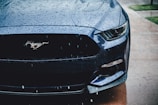 the front of a blue mustang parked on the side of the road