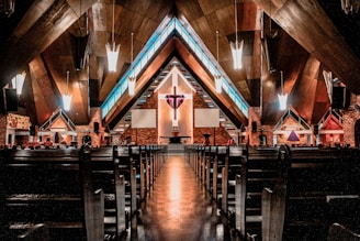 A peaceful church interior with modern design elements blending tradition and technology.