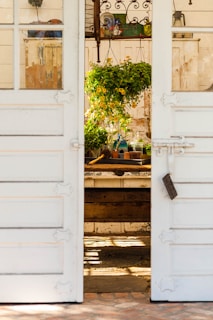 An open door leads to a rustic interior space filled with plants. A hanging planter with lush green foliage and yellow flowers is prominently displayed. A wooden table supports various gardening items, including a blue watering can and small pots. The wooden walls and wrought iron details add to the vintage charm.
