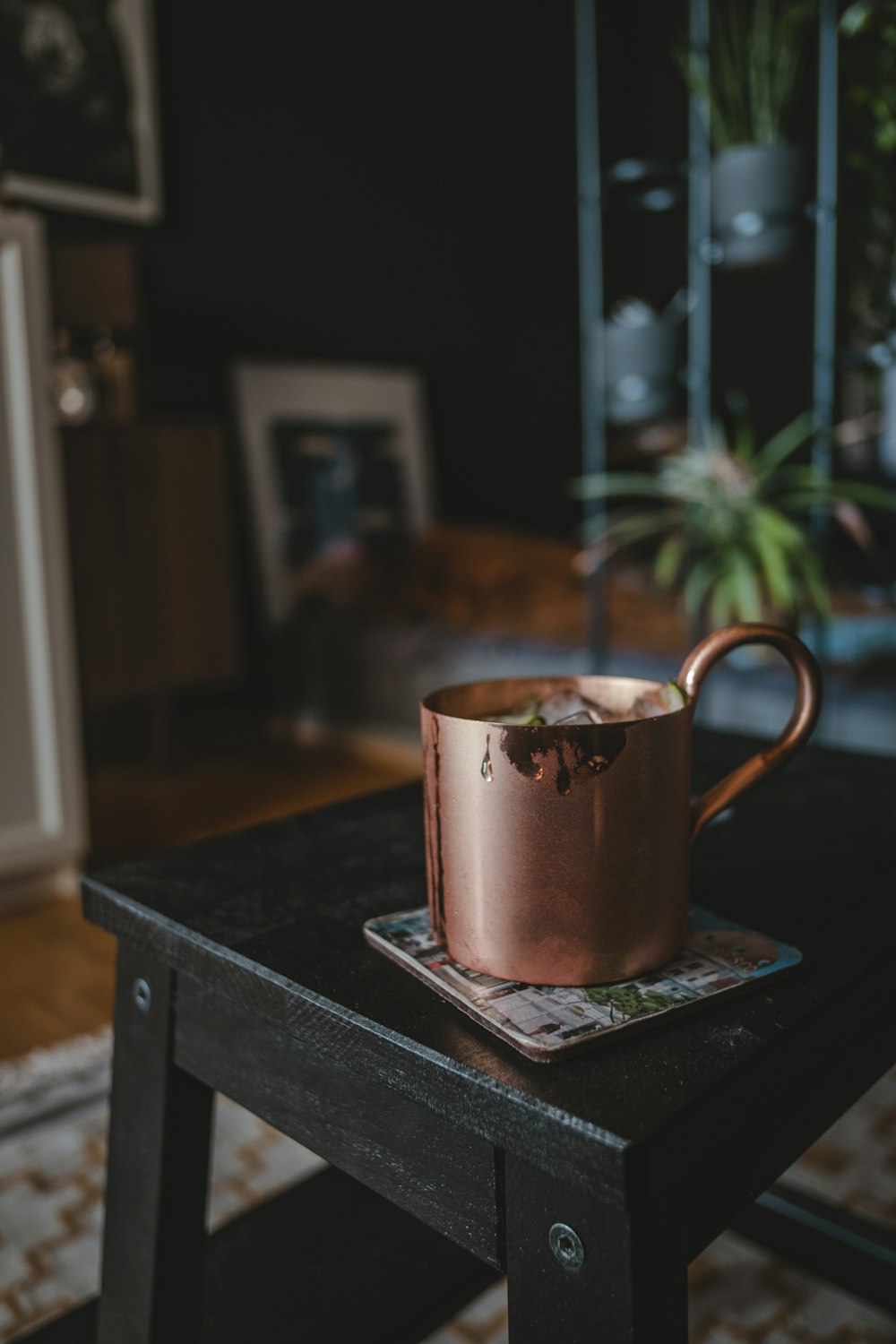 copper mug on stool chair
