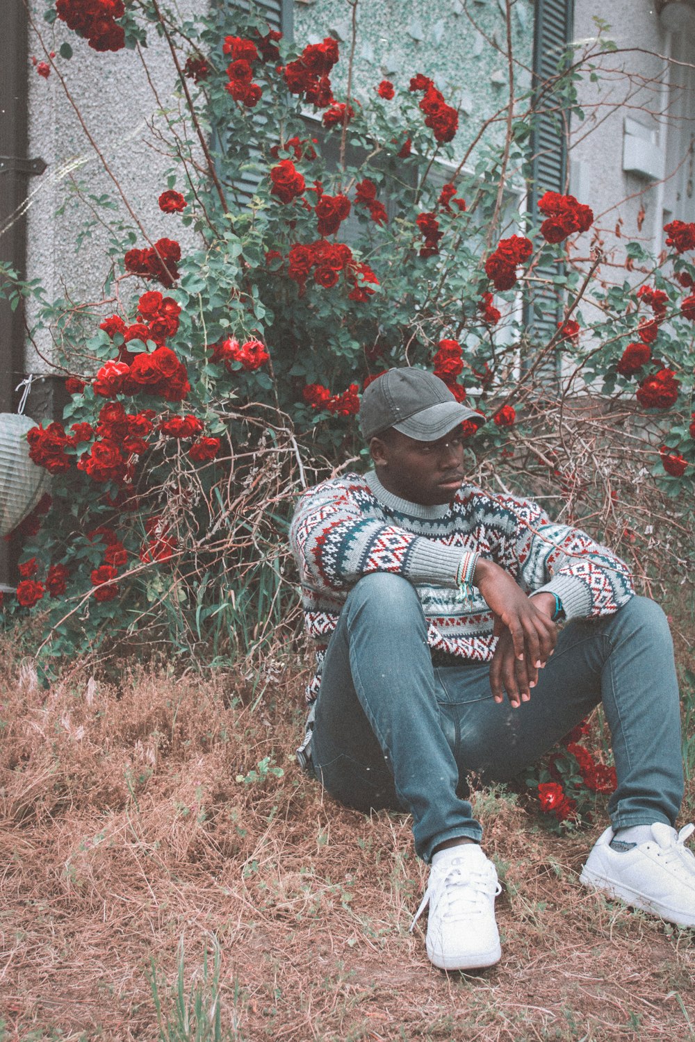 man sitting on grass in front of red flowered plant