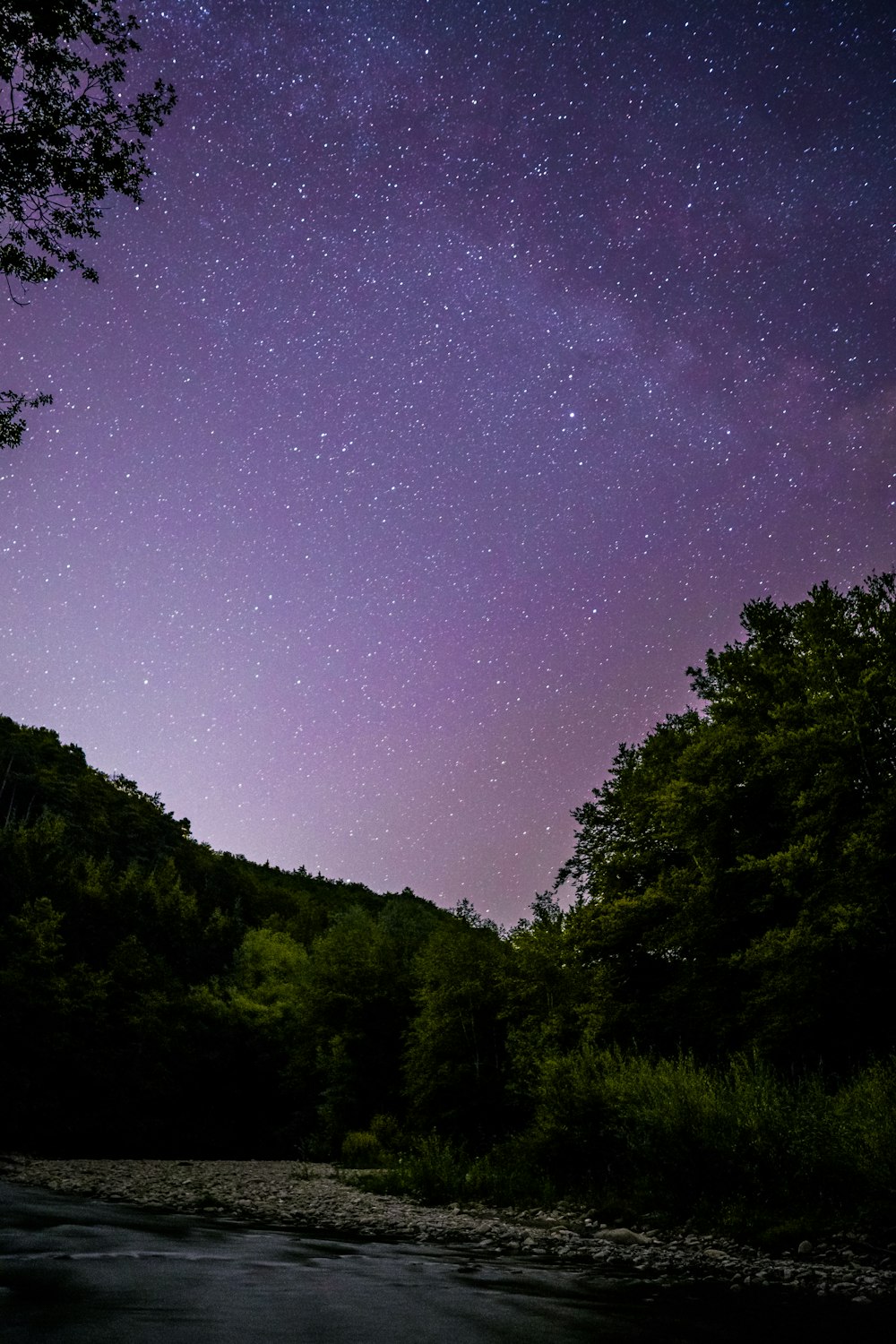 O céu noturno está cheio de estrelas acima de um rio