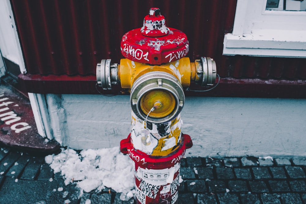 Flachfokusfotografie von gelben und roten Stahlhydranten