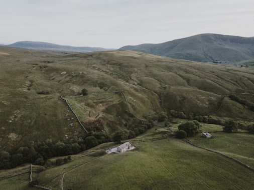 An expansive landscape featuring rolling green hills with a few scattered trees and stone walls. In the foreground, a quaint stone cottage is nestled among the fields. The atmosphere is serene and undisturbed with vast open spaces.