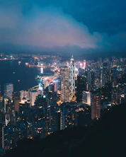aerial shot of city skyline at night