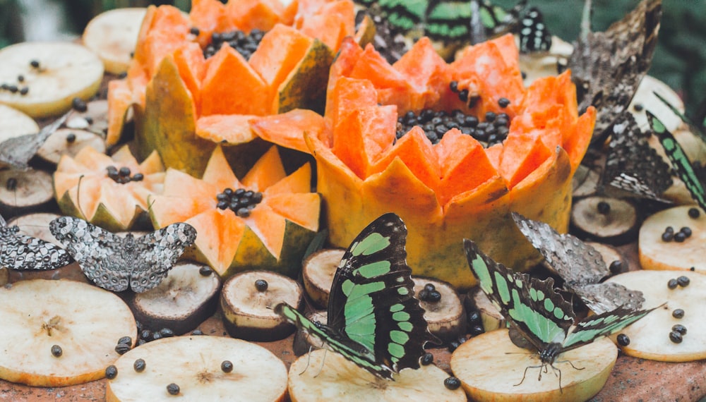 two butterflies near papaya fruit