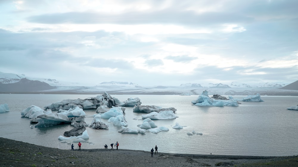 Grupo de personas de pie cerca del cuerpo de agua