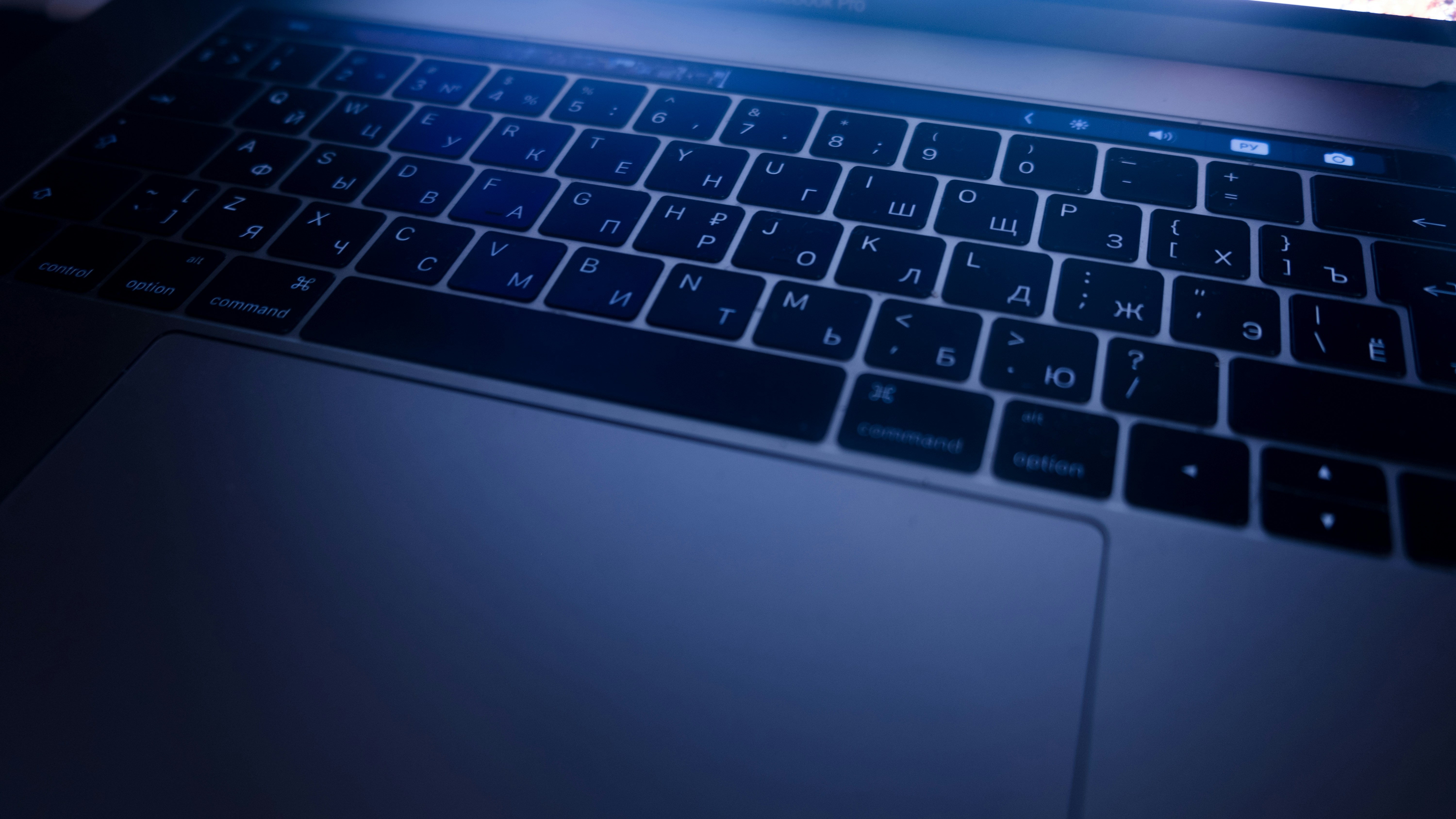 Close-up of Windows laptop screen showing software installation progress bar in dark room with blue keyboard glow