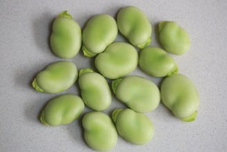 Several light green, smooth beans are scattered on a speckled white surface. The beans are mostly uniform in size and shape, with a few showing parts of a leafy outer shell.
