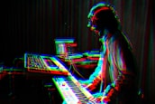 A musician is playing a keyboard or synthesizer in a dimly lit room. The image has a glitch effect with overlapping colors like red, blue, and green, giving a digital, surreal appearance. In the background, there are electronic equipment and a laptop on a table, suggesting a music studio or electronic music setup.