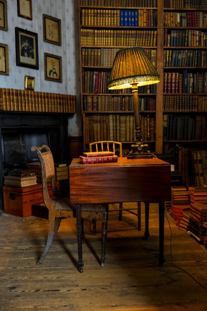 A classic law office with leather-bound legal books and a wooden desk bathed in warm light.