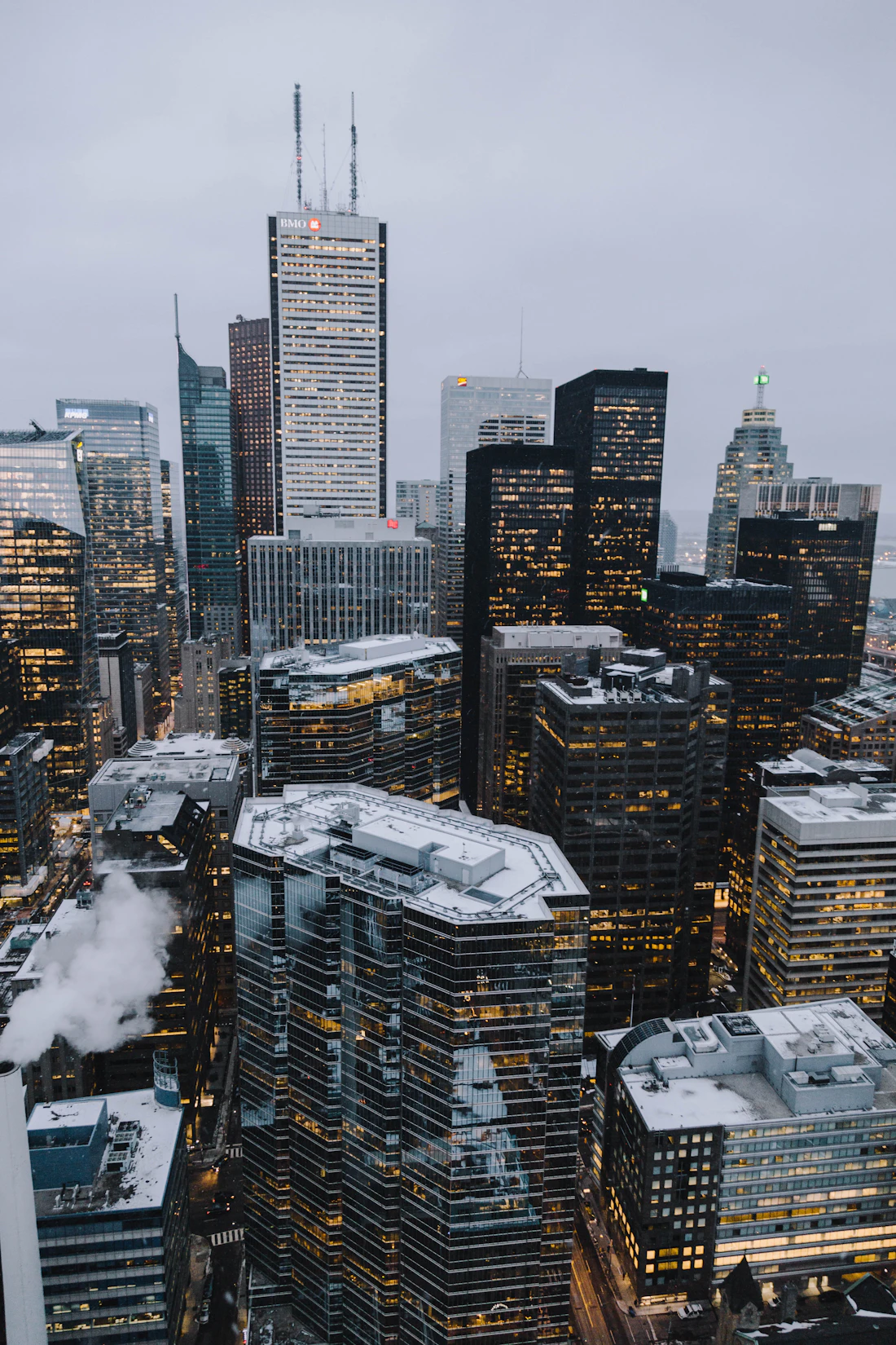 Aerial view of a dense commercial district