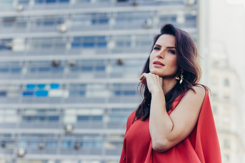 woman in red sleeveless top