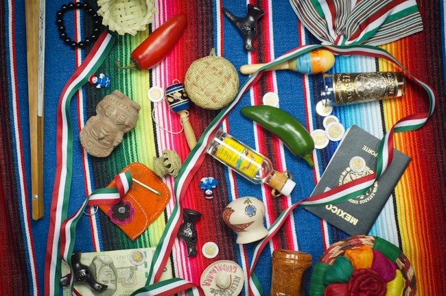 A collection of colorful handcrafted products representing Mexican culture.